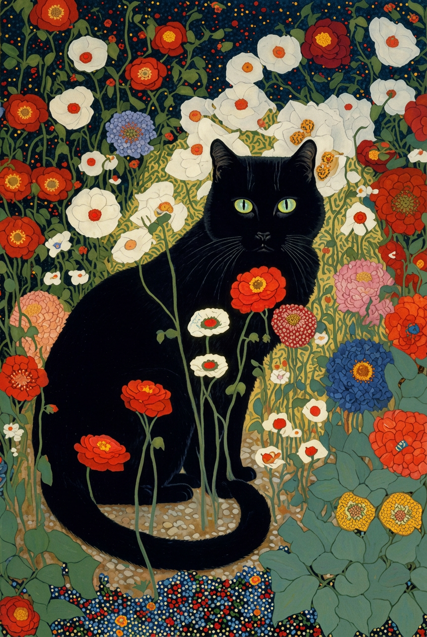 Gato negro entre flores