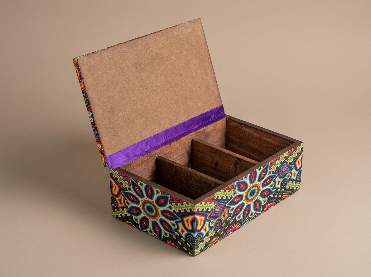 Interior de caja de madera con divisiones y listón